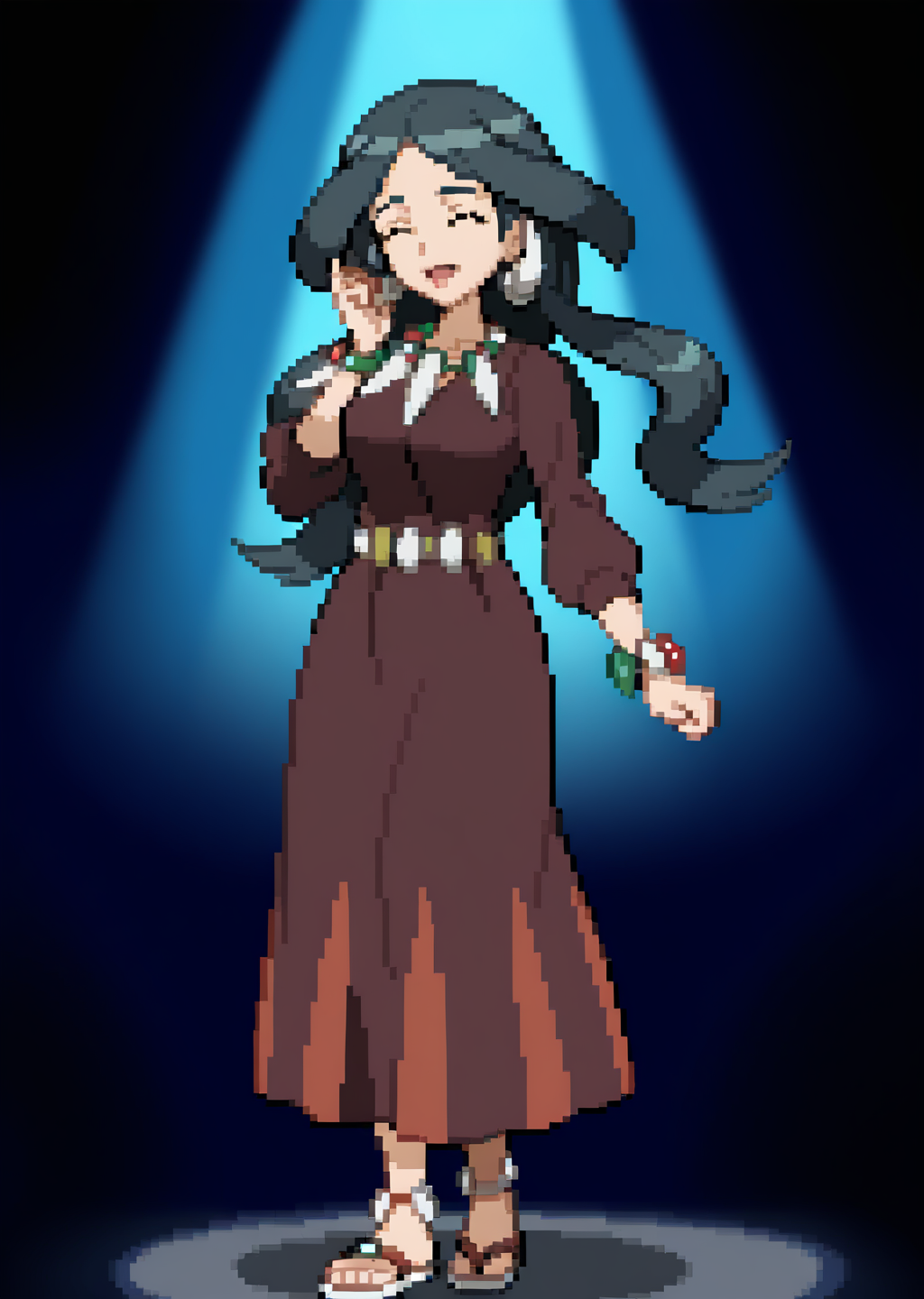 score_9, score_8_up, score_7_up, score_6_up, score_5_up, score_4_up, masterpiece,  detailed, high quality, BREAK, full body, 1girl, shiny skin,    <lora:Drasna (Pokemon X&Y) [Illustrious]:0.8> long hair, black hair, necklace, drasna (pokemon), drasna, eyes closed, hairpiece, closed eyes, mature female, <lora:Trainer_Sprites_for_Illus_2:0.8>
