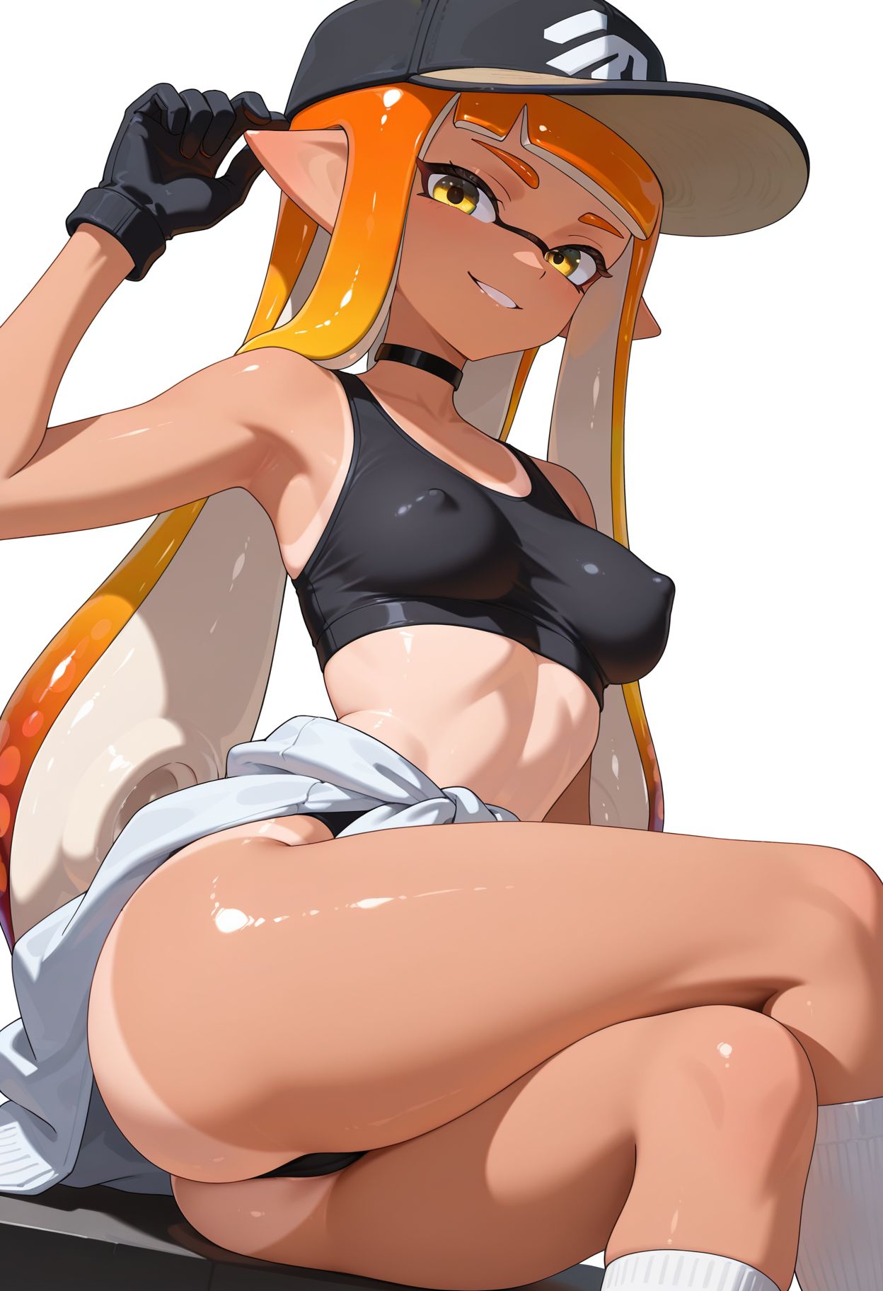 <lora:otokakoto_style_v1_IL-18:1.0> otokakoto_style,  1girl, solo, breasts, looking at viewer, smile, blonde hair, gloves, hat, yellow eyes, ass, choker, black gloves, socks, orange hair, covered nipples, tan, white socks, tanlines, tentacle hair, sports bra, one-piece tan, clothes around waist, inkling, inkling girl, crossed legs