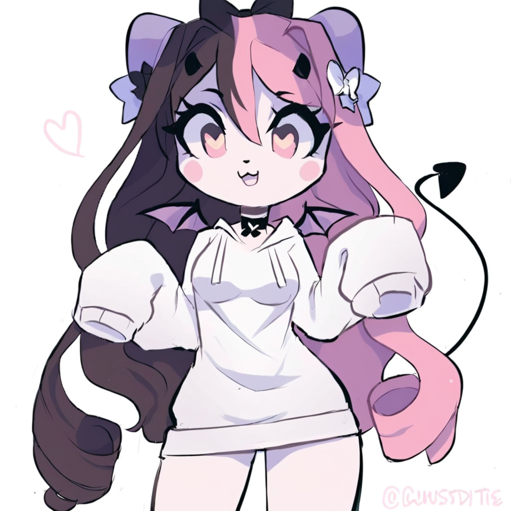score_9, score_8_up, score_7_up, BREAK, 1girl, solo,oversized sweater, ANG3L, long hair, horns, furry female, sleeves past wrists, bow, demon tail, wings, oversized hoodie, white hoodie, choker, pink eyes, heartshaped pupils, wings, multicoloured hair, two-tone hair, split coloured hair, tail, pink and black hair:1, from below view, spoken heart, heart, white background <lora:princess_xl_v2:1> <lora:Angel_2_crispytyph-000007:1>