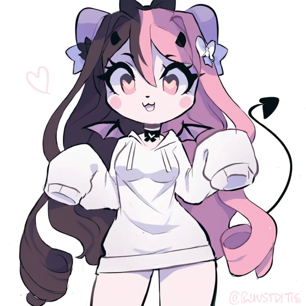 score_9, score_8_up, score_7_up, BREAK, 1girl, solo,oversized sweater, ANG3L, long hair, horns, furry female, sleeves past wrists, bow, demon tail, wings, oversized hoodie, white hoodie, choker, pink eyes, heartshaped pupils, wings, multicoloured hair, two-tone hair, split coloured hair, tail, pink and black hair:1, from below view, spoken heart, heart, white background <lora:princess_xl_v2:1> <lora:Angel_2_crispytyph-000007:1>