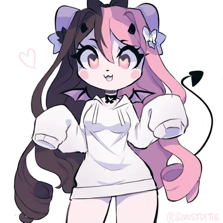 score_9, score_8_up, score_7_up, BREAK, 1girl, solo,oversized sweater, ANG3L, long hair, horns, furry female, sleeves past wrists, bow, demon tail, wings, oversized hoodie, white hoodie, choker, pink eyes, heartshaped pupils, wings, multicoloured hair, two-tone hair, split coloured hair, tail, pink and black hair:1, from below view, spoken heart, heart, white background <lora:princess_xl_v2:1> <lora:Angel_2_crispytyph-000007:1>
