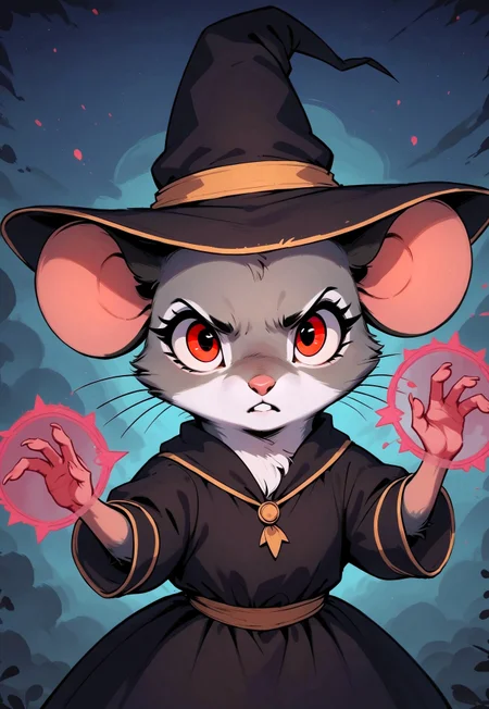 score_9, score_8_up, score_7_up, score_6_up, score_5_up, score_4_up, m0use_goldie, multicolored, glowing, laser light clothes, in the style of Beatrix Potter, cute, (feral:1.5), red eyes, (grey fur, black ears), (black dress), (witch hat:1.3), (magic spell:1.5), look at viewer, (upper body shot, action pose:1.5), (dark, night, night sky:1.5), (annoyed expression),