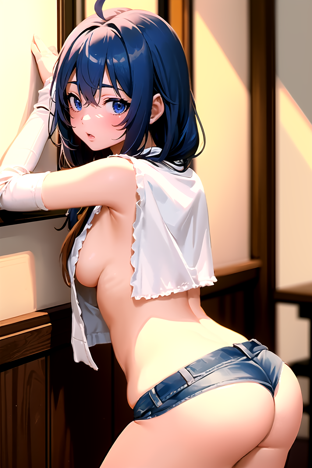 <lora:ç½è²å¥¶çæ­éè¶ç­çä»è£¤:0.6>,1girl,solo,shorts,detached sleeves,denim shorts,denim,panties,underwear,crop top,(sideboob:1.3),short shorts,(open fly:1.4),<lora:Roxy Migurdia (ã­ã­ã·ã¼ã»ãã°ã«ãã£ã¢) - Mushoku Tensei Jobless Reincarnation (ç¡è·è»¢ç ï½ç°ä¸çè¡ã£ããæ¬æ°ã ãï½):0.8>,roxy,ahoge,black ribbon,blue eyes,blue hair,braid,hair between eyes,hair ribbon,long hair,twin braids,very long hair,<lora:slim tall - plump short:1>,(small_breasts:1.3),, (masterpiece:1.2),best quality,masterpiece,highres,original,extremely detailed wallpaper,perfect lighting,(extremely detailed CG:1.2),
