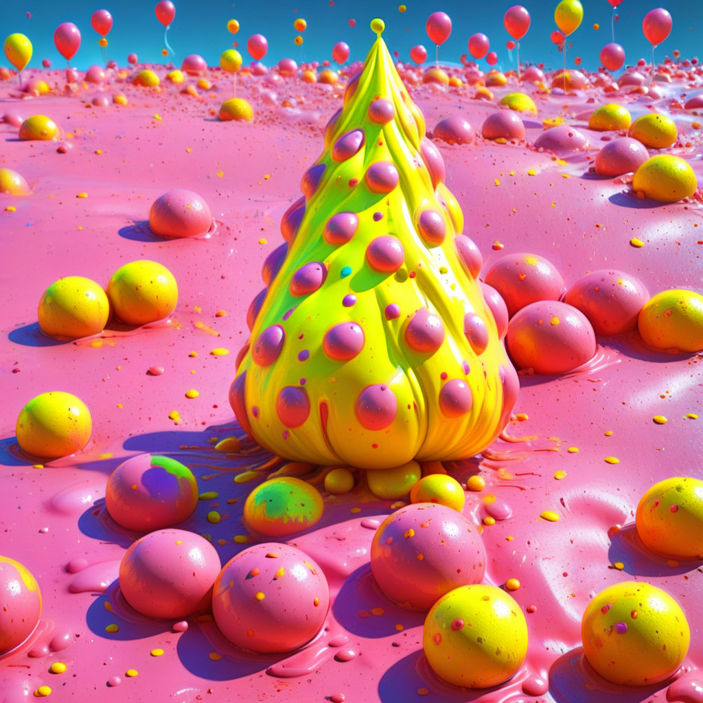 still life, neon yellow, food, yellow pink, outdoors, paint, christmas tree, too many, balloon, pokemon (creature)