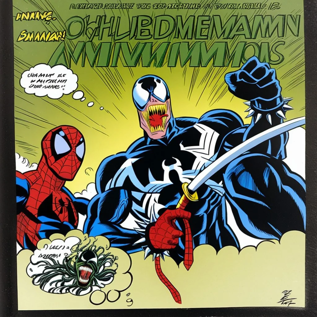 katana, thought bubble, venom, weapon, spiked bracelet, beard, necktie, dark horse comic, green skin, peter parker, breasts, domino mask, teeth, monster, Classic comics from the 90s