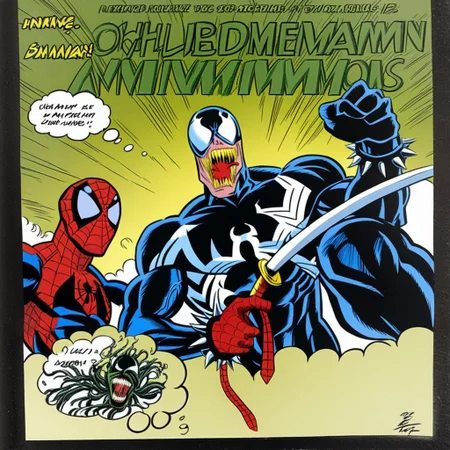 katana, thought bubble, venom, weapon, spiked bracelet, beard, necktie, dark horse comic, green skin, peter parker, breasts, domino mask, teeth, monster, Classic comics from the 90s