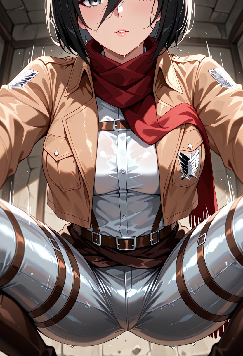 masterpiece, best quality, good quality, very aesthetic, absurdres, newest, 8K, depth of field, focused subject, in the style of cknc, artist:moriimee, in the style of cksc, 
1girl, mikasa ackerman (attack on titan), short black hair, sleek, grey eyes, medium_breasts, perky, military_jacket, metallic_latex, scarf_flowing, glossy lips, sweaty, crouching, hand_on_scarf, looking at_viewer, thigh focus, motion_lines:0.7, motion_blur:0.7, retrofuterotica,
BREAK
neon_battlefield, holographic_walls, glitchy_rubble,
BREAK
neon_colors, warm_tones, shiny_surfaces, glitch_overlay, soft_warm_light, neon_highlights, film_grain, rich_details, view_front, from_front,