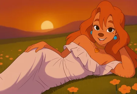 uncensored, masterpiece, best quality, highly detailed, realistic, 1girl, solo, RoxGM, female furry, anthro, canine, red hair, long hair, brown eyebrows, black eyes, brown nose, tan skin, mole, white dress, long dress, bare shoulders, pink hair flower, gold heart choker, blue earring, upper body, close-up, smile, open mouth, teeth, tongue, looking at viewer, sitting, grass, sunset, outdoors, flowers, (front view), detailed background, (hand on own hip, hand behind head), lying, on side, lying on side
