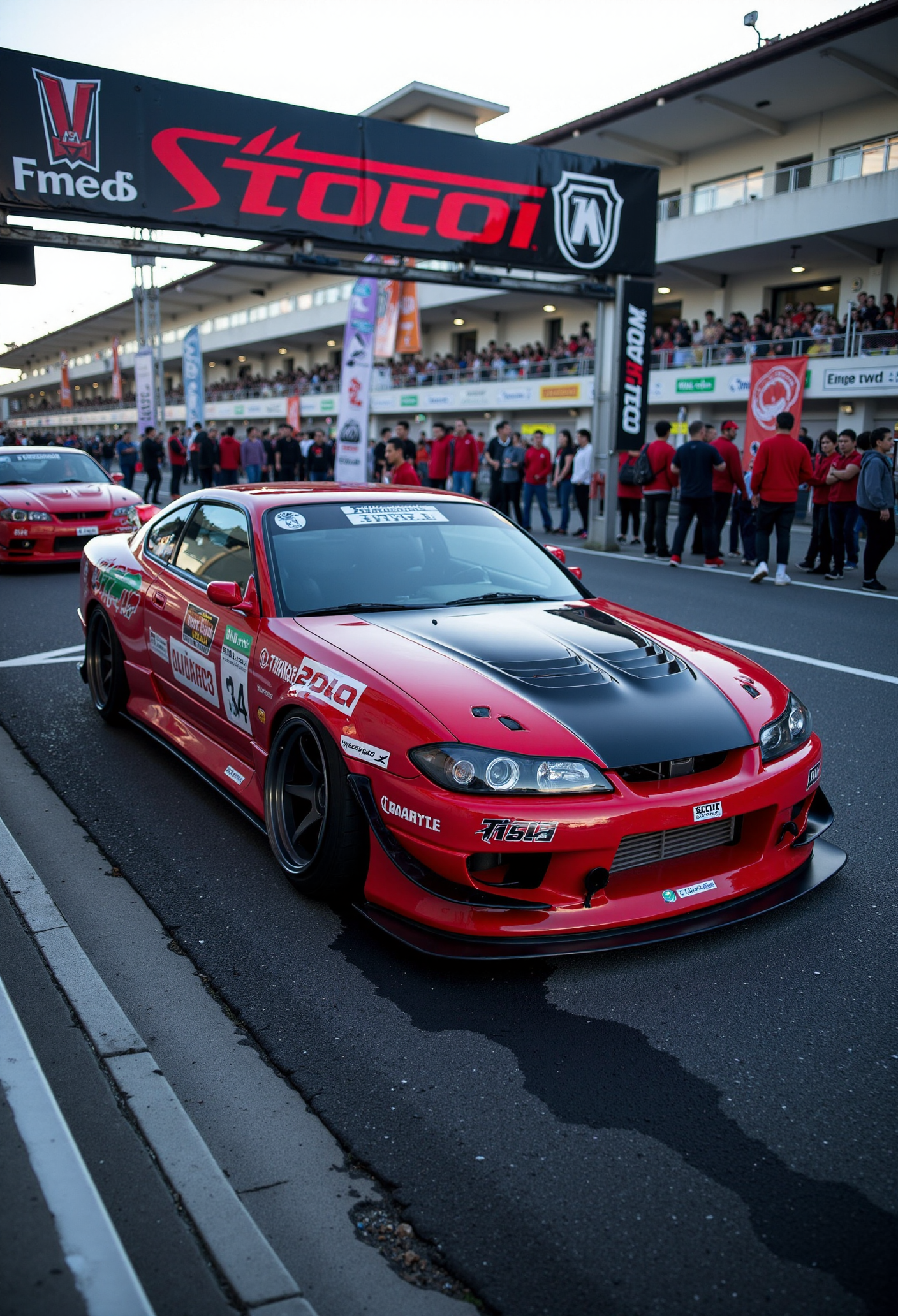 <lora:Nissan_Silvia_S15:0.8> Nissan Silvia S15
On a professional race circuit, the Nissan Silvia S15 waits at the starting grid surrounded by a swarm of motion-blurred pit crew and semi-obscured sponsor signage. Captured from an isometric side-rear angle at mid-distance, the carâs livery pops with saturated color, while sharp highlights flicker across its carbon hood, front lip, and aggressive diffuser. Reflections of trackside banners and tire smoke create visual texture across its side panels. The lighting is high-key with dramatic contrast, creating bold reflections and racing-focused flair. The mood is energetic and focused, styled like a motorsport photo essayâevery frame ready to explode into velocity.  A mirror-like, high gloss finish of the car produces sparkling, bright glints of light across its surface.