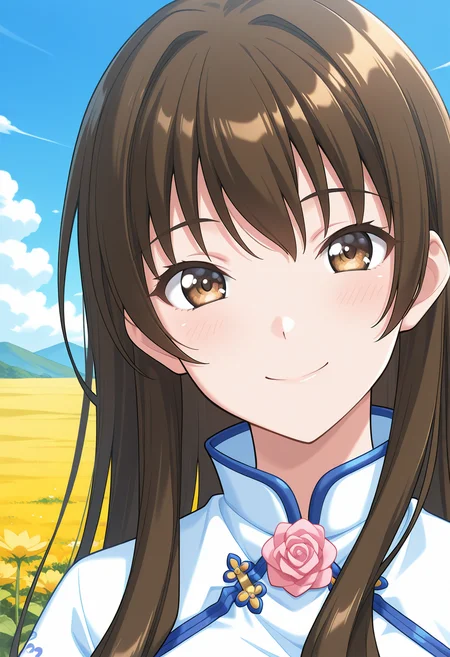 ever17_sora, brown eyes, brown hair, long hair, white dress, china dress, chinese clothes, <lora:ever17_sora_illustrious_ver1:0.8>
smile, 1girl, solo, (field:1.2), (blue sky:1.2), looking at viewer,, masterpiece, best quality, general,, (upper body:1.2), (close-up:1.2), (facing viewer:1.2), (open eyes:1.4), (portrait:1.2)