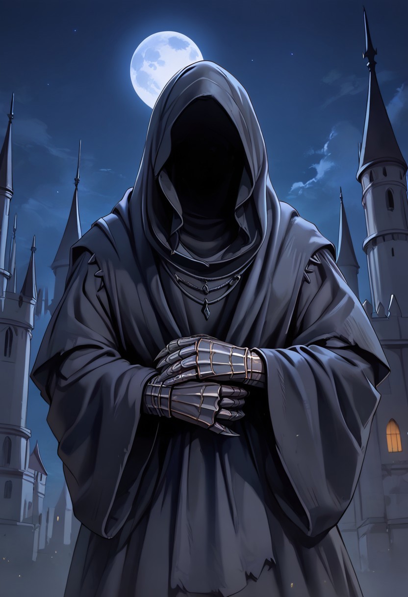 score_9, score_8_up, score_7_up,nazgul,1 male,hood up,faceless,black robe,gauntlet ,at castle, at night , moon light