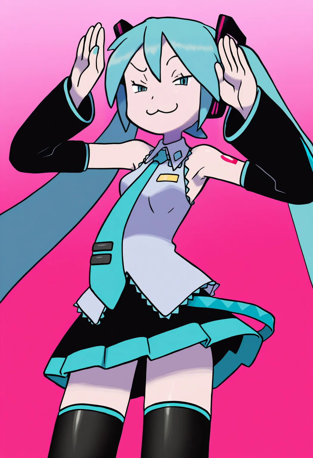 sugimori ken,
1girl, solo, hatsune miku, aqua hair, bunny pose, :3, smug, detached sleeves, standing, twintails, very long hair, pleated skirt, necktie, best quality, amazing quality, very aesthetic, absurdres<lora:KenSugimoriIllustriousLocon_byKonan:1>