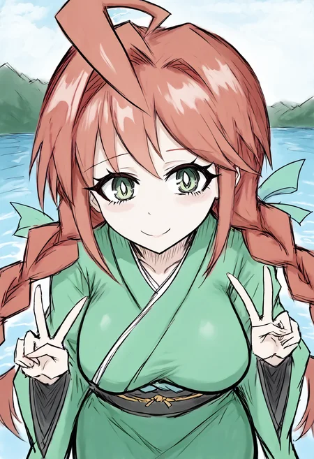 <lora:intricate_details:1> intricate_details_xl, score_9, score_7_up, source_anime, uncensored, zPDXLxxx, lake, (expressive:1.25), sensual, New Year's Day, close-up, cowboy shot,
1girl, solo, li, large breasts, red hair, twin braids, asymmetrical bangs, ahoge, big hair, green-hazel eyes, looking at viewer, kimono, pensive, <lora:BlackSouls_Style_v1.0:1.2> bs style, sketch,
looking at viewer, double v, light smile, standing, leaning forward,