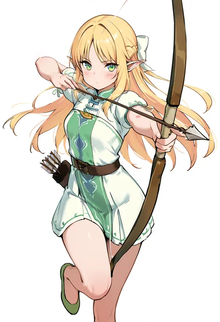 masterpiece, best quality, 1girl, solo, long hair, looking at viewer, blush, bangs, simple background, shirt, white background, bow, closed mouth, green eyes, white dress, elf, pointy ears, standing on one leg, green footwear, (dynamic pose, foreshortening), ,<lora:ZZArrow_IXL:1.0>,