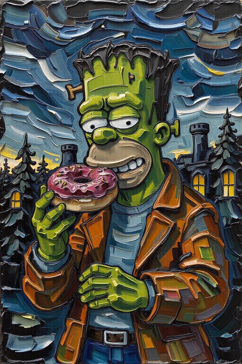 impasto oil painting. 
Homer Simpson dressed as Frankenstein, eating a doughnut during a thunderstorm  <lora:impasto_nocap_d6a3:1.0> <lora:Flux-Sch-SingleBlocks-BF16:1.0><lora:802459200102937985:0>