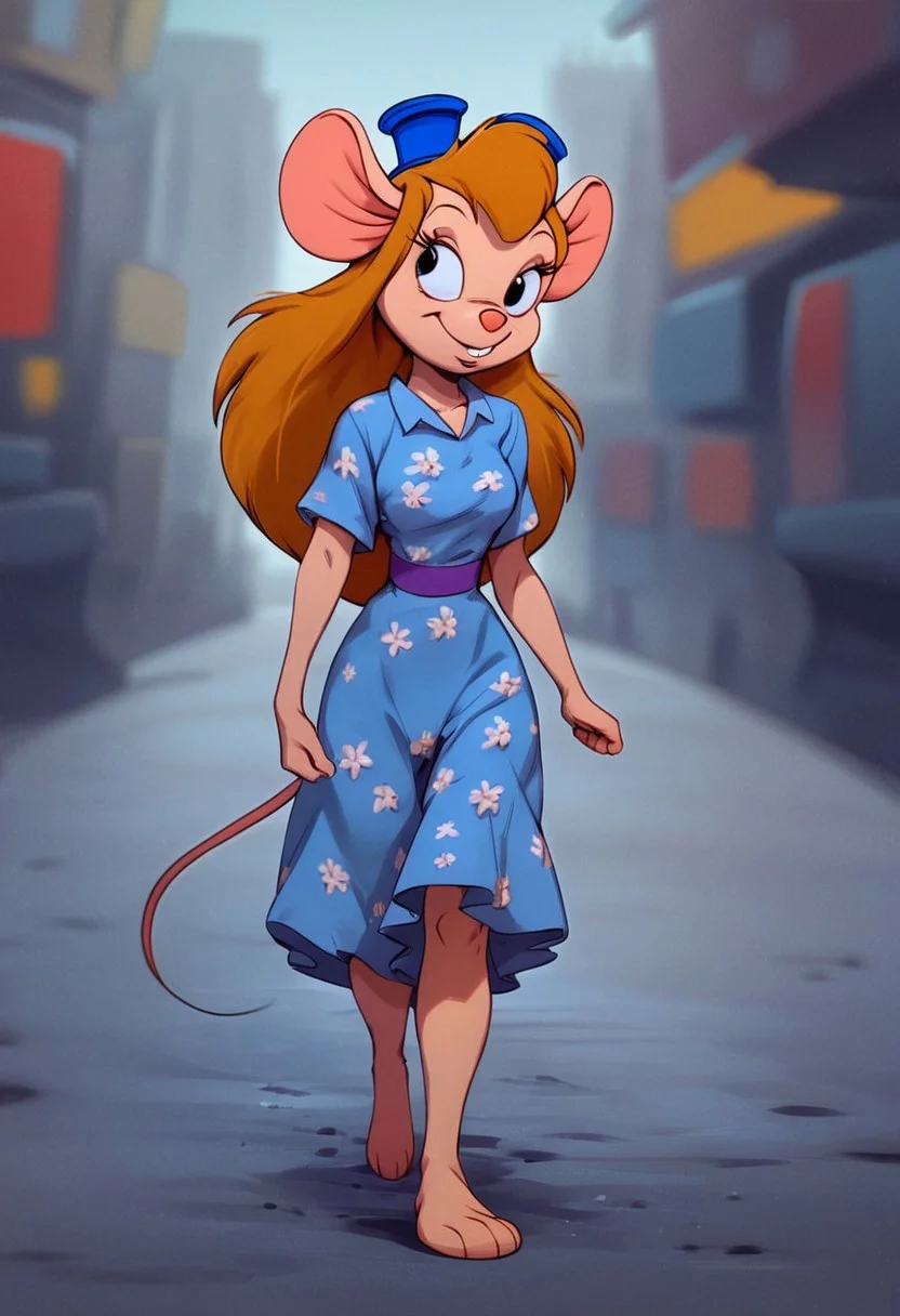 kftenhance, score_9, score_8_up, score_7_up, score_6_up, score_5_up, score_4_up
Day, city street, city background, crowded
1gir, solo, anthro mouse, gadget, medium perky breasts, short blue summer dress, flower print, makeup, smile, front view, walking, looking at view, full body view, barefoot