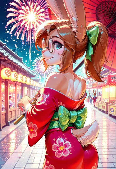 safe_pos, masterpiece, best quality, speed, (triquad turn view), solo, Maddy, 1girl, furry female, rabbit girl, rabbit ears, animal nose, long hair, brownhair, ponytail, hair bow, glasses, blue eyes, body fur, two-tone fur, grey fur, white fur, chest fur, freckless, small breasts, red kimono, fabulous yukata, shiny silk kimono, off-shoulder kimono, floral print, floral pattern, green wide belt, oil-paper umbrella, red umbrella, see-through silhouette, see-touch umbrella, (looking at viewer, falling dot sparks, slit in kimono for tail), shy smile, side view, back, off shoulder, shoulder blades, loins, head raised, action, dynamic, legend, whitewash, reflecting in glasses, fireworks reflected in glasses, see-touch umbrella background, fireworks festival, night, back light, rim lighting, high-definition, masterpiece, best-quality, 4k, 2k, aburdres, rdf01, toon \(style\).

