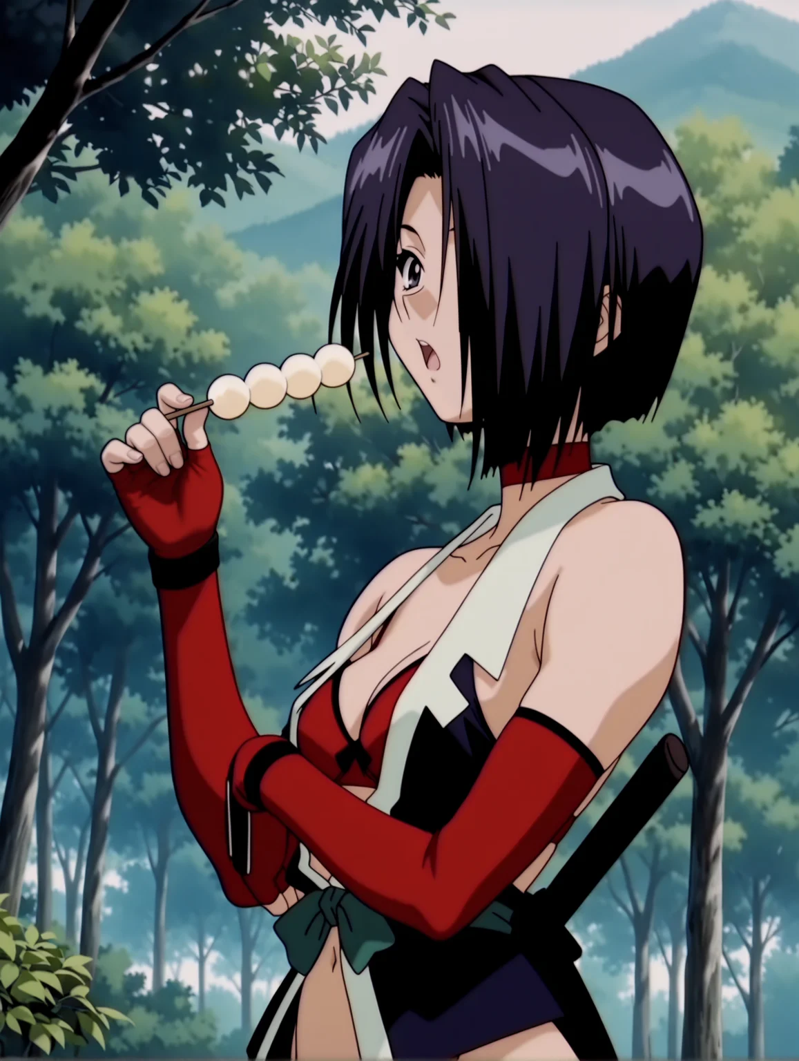 masterpiece,best quality,newest,
1girl,solo,
anime screencap,
<lora:matsuri_ilxl_v1.0:1>,matsuri,parted lips,black hair,short hair,hair over one eye,black eyes,
m_clothes,choker,bare shoulders,elbow gloves,fingerless gloves,open clothes,red bra,
<lora:Fixhands_anime_bdsqlsz_V1:1>,Edo period,japanese style,nature,trees,eating,open mouth,outdoors,dango,food,standing,upper_body,
