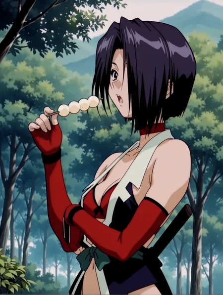 masterpiece,best quality,newest,
1girl,solo,
anime screencap,
<lora:matsuri_ilxl_v1.0:1>,matsuri,parted lips,black hair,short hair,hair over one eye,black eyes,
m_clothes,choker,bare shoulders,elbow gloves,fingerless gloves,open clothes,red bra,
<lora:Fixhands_anime_bdsqlsz_V1:1>,Edo period,japanese style,nature,trees,eating,open mouth,outdoors,dango,food,standing,upper_body,