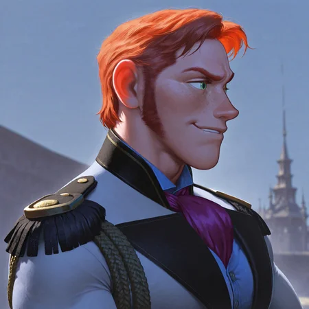 masterpiece, best quality, absurdres, newest, perfect quality, best quality, absolutely eye-catching, detailed background, intricate details, bara, 1boy, male, male focus, solo, ginger hair, short hair, middle part, sideburns, green eyes, freckles, blue trousers, magenta cravat, blue shirt, indigo vest, black epaulets, gold aiguillette, gray-and-black blazer, bara, muscular, large pectorals, large biceps, looking away, side view, upper body, smirk, very awa, best quality, absurdres, newest, perfect quality, detailed background, intricate details, (artist:rokudenashi:0.8), (artist:dizdoodz:0.7), (artist:gomtang:0.6)