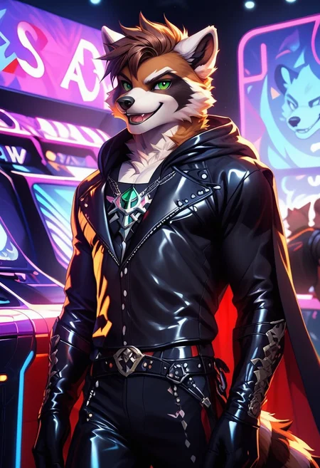 score_9, score_8_up, score_7_up,score_9, score_8_up, score_7_up, ((cowboy shot)), arcade, standing, BREAK, ((High fantasy art style)), solo, male, anthro raccoon, black hooded cloak, (black leather breastplate), black leather greaves, black leather pauldrons, black leather boots, brown hair, ((detailed green eyes)), ((Masterpiece), (absurdres), (shadowy), (mysterious), ((smirk)), open mouth