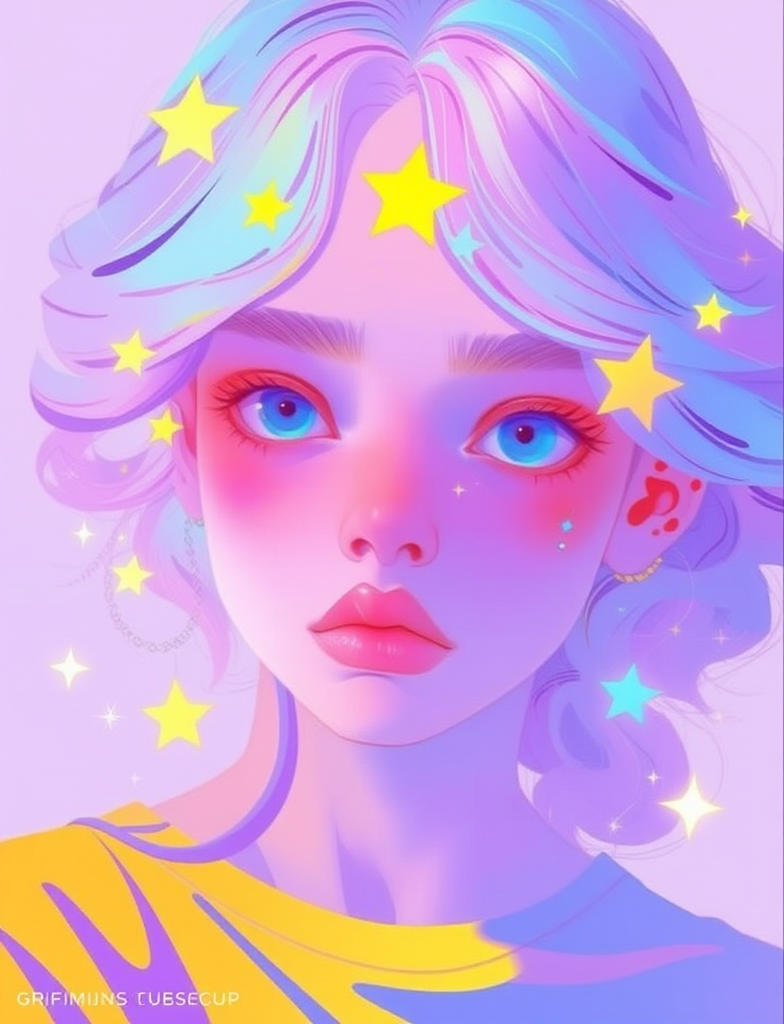 high_satuate. The image is a highly detailed digital art piece in a neon, pastel, and psychedelic style. It depicts a young, fair-skinned woman with large, vibrant blue eyes and rosy cheeks. Her soft, multi-colored, wavy hair is adorned with colorful star ornaments. She wears a rainbow-patterned top that complements her ethereal appearance. The background is a pale lavender with subtle gradients and floating stars, enhancing the dreamy, whimsical mood.