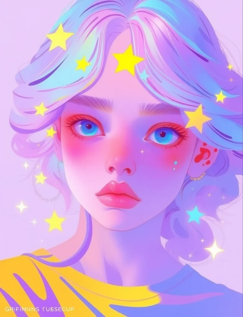high_satuate. The image is a highly detailed digital art piece in a neon, pastel, and psychedelic style. It depicts a young, fair-skinned woman with large, vibrant blue eyes and rosy cheeks. Her soft, multi-colored, wavy hair is adorned with colorful star ornaments. She wears a rainbow-patterned top that complements her ethereal appearance. The background is a pale lavender with subtle gradients and floating stars, enhancing the dreamy, whimsical mood.