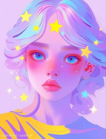 high_satuate. The image is a highly detailed digital art piece in a neon, pastel, and psychedelic style. It depicts a young, fair-skinned woman with large, vibrant blue eyes and rosy cheeks. Her soft, multi-colored, wavy hair is adorned with colorful star ornaments. She wears a rainbow-patterned top that complements her ethereal appearance. The background is a pale lavender with subtle gradients and floating stars, enhancing the dreamy, whimsical mood.