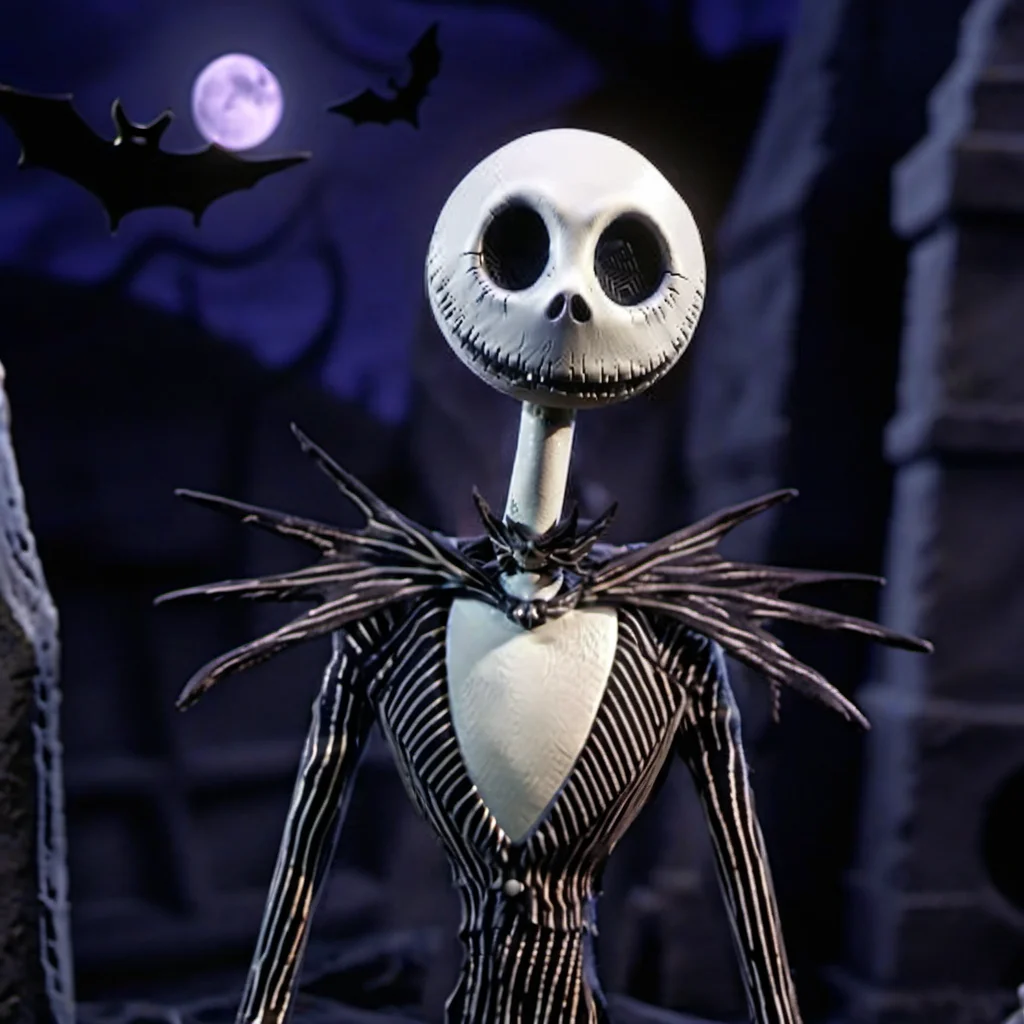 JackSkellington1024, in a cimetery, night, full moon, bats, detailed eyes, highly detailed, photography, ultra sharp, film, bokeh, professional, 4k <lora:JackSkellington1024-000495:0.8>