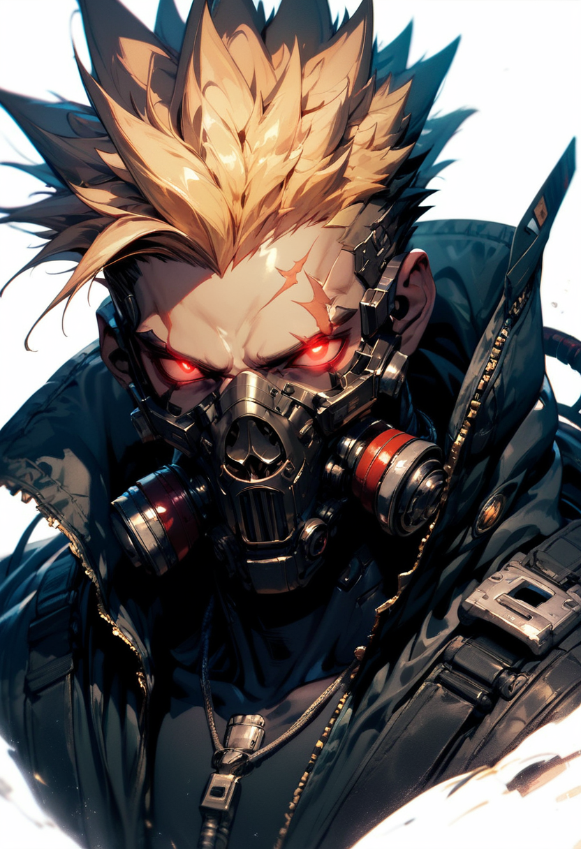 (score_9, score_8_up, score_7_up), zPDXL, solo, looking at viewer, blonde hair, simple background, red eyes, 1boy, white background, jacket, upper body, male focus, black jacket, mask, glowing, scar, spiked hair, glowing eyes, scar on face, zipper, colored sclera, scar across eye, cable, glowing eye, cyborg, gas mask, tube
<lora:BioPunky:0.8>