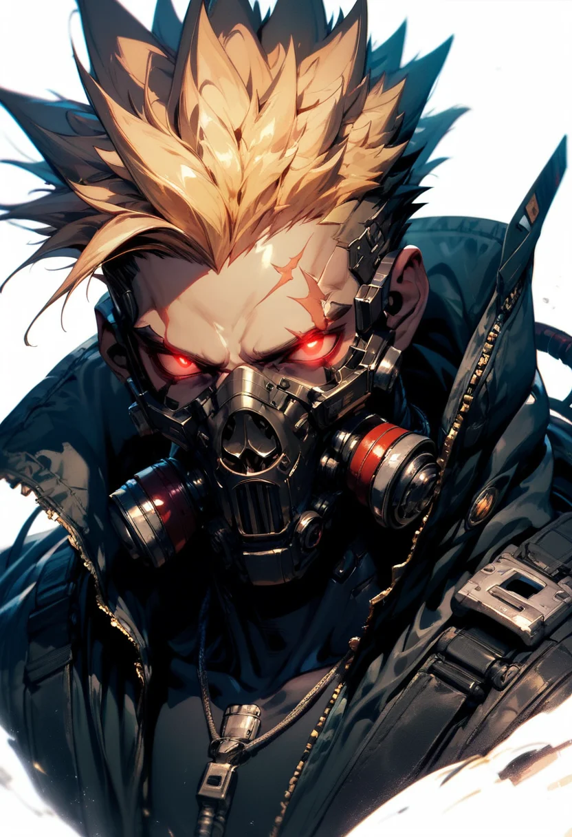 (score_9, score_8_up, score_7_up), zPDXL, solo, looking at viewer, blonde hair, simple background, red eyes, 1boy, white background, jacket, upper body, male focus, black jacket, mask, glowing, scar, spiked hair, glowing eyes, scar on face, zipper, colored sclera, scar across eye, cable, glowing eye, cyborg, gas mask, tube
<lora:BioPunky:0.8>