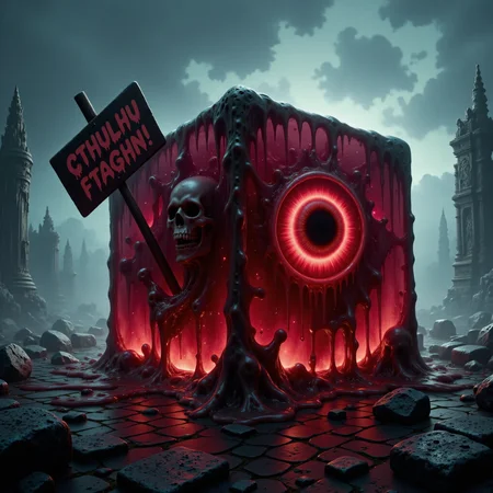 famous artwork, hud_dr1ppy, extremely detailed and atmospheric cinematic film still of a an ominous, evil-looking, monstrous, crimson red-glowing gelatinous cube with a huge crimson eyeball in its center, in a dark, foreboding lovecraftian setting, a large dark wooden sign with the words "CTHULHU FTAGHN!" in a crimson red dripping paint font style is lodged in its left side at an angle, the cube has an undulating, shifting surface with tendrils of ooze extending from its semi-transparent body, faint glimpses of bones, ancient relics, and dark symbols swirl inside its gooey mass, the background is a mist-shrouded landscape of ancient stone monoliths, crumbling temples, and twisted, unnatural rock formations, all bathed in an unsettling unholy glow, the atmosphere is thick with a sense of cosmic horror, as if the cube itself is a malevolent entity from a realm beyond comprehension, dark clouds loom overhead, and distant, ghostly shapes can be seen in the mist, highly detailed background, <lora:gelatinous_cube-flux-by_oneviolentgentleman:0.8> <lora:dripping_font-flux-by_headupdef:1.0>