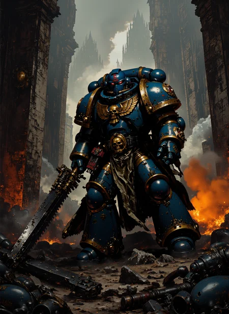concept art <lora:Chainsword_-_Warhammer_40000_Flux:1> <lora:ck-shadow-circuit:0.4> <lora:Dramatic Lighting Slider:1> <lora:FluxUltraM40k:1>, ultram40k <lora:MoriiMee_Gothic_Niji_Style__FLUX_LoRA_Test_2:0.4> , best quality, (masterpiece, aesthetic:1.3), dark oppressive atmosphere, ruins, The Warhammer 40000 universe,A Space Marine holding chainsword, full body, (watercolor oil painting style:1.4), no logo, <lora:style_of_Rembrandt_FLUX_135:0.6>, ultra high detailed,no watermark, cinematic moment, An epic scene, glow effects, godrays, Hand drawn, render, 8k, octane render, cinema 4d, blender, dark, atmospheric 4k ultra detailed, cinematic, Sharp focus, big depth of field, Masterpiece, colors, 3d octane render, 4k, concept art, trending on artstation, hyperrealistic, Vivid colors, extremely detailed CG unity 8k wallpaper, trending on CGSociety, Intricate, High Detail, dramatic, digital artwork, illustrative, painterly, matte painting, highly detailed