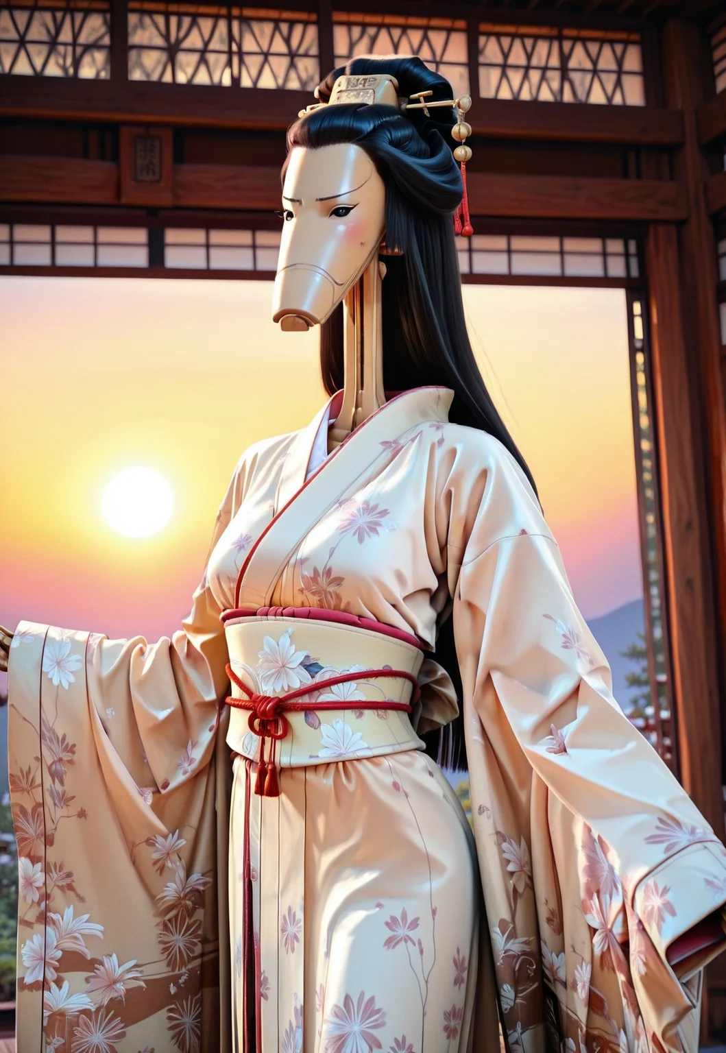 Masterpiece, absurdres, highest quality, highly detailed, newest, 8k, semi-realistic, solo, b1bd, cl4nker, Long black hair, straight hair, geisha hairstyle, intricate kimono, Japanese background, setting sun, looking at viewer, blush, detailed background, no humans, dynamic pose, dynamic angle, aidmaimageupgrader