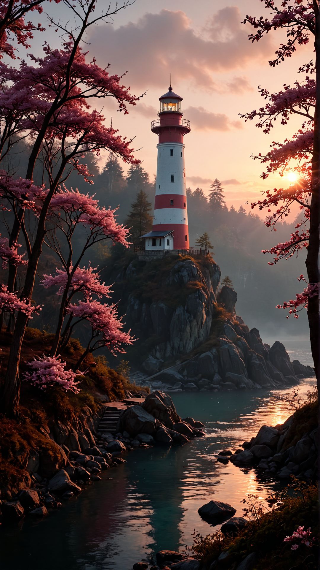 flux-style, (by Camille Vivier:0.7) , octane render, landscape of a Sakura (Lighthouse:1.2) and [Burundian|Bavarian] Mystic forest, [Short:Dusty:19] Moscow in background, at Dawn, Screen print, Grunge Art, 35mm, abstract, <lora:aidmaFluxStyleXL-v0.2:0.651>,
<lora:aidma-Image Upgrader-v0.1:0.651>, 
, imposing, surreal, quality, complimentary colors, fine polished