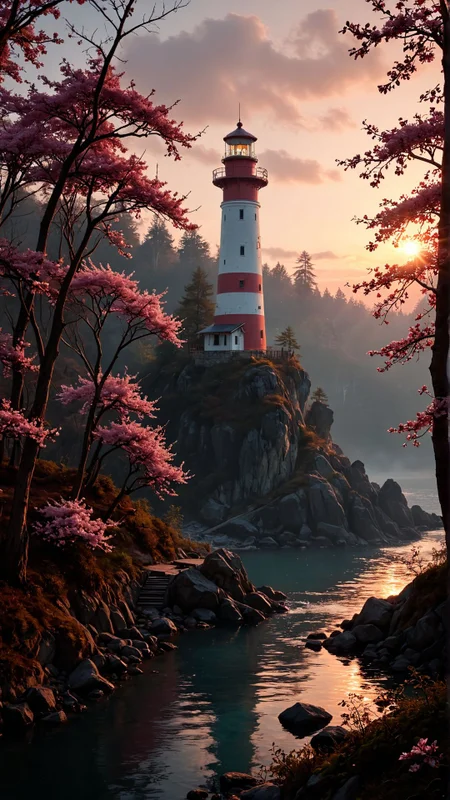 flux-style, (by Camille Vivier:0.7) , octane render, landscape of a Sakura (Lighthouse:1.2) and [Burundian|Bavarian] Mystic forest, [Short:Dusty:19] Moscow in background, at Dawn, Screen print, Grunge Art, 35mm, abstract, <lora:aidmaFluxStyleXL-v0.2:0.651>,
<lora:aidma-Image Upgrader-v0.1:0.651>, 
, imposing, surreal, quality, complimentary colors, fine polished