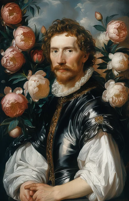 masterpiece,best quality,<lora:tbh218-sdxl:0.9>,illustration,style of Anthony van Dyck decaying peonies