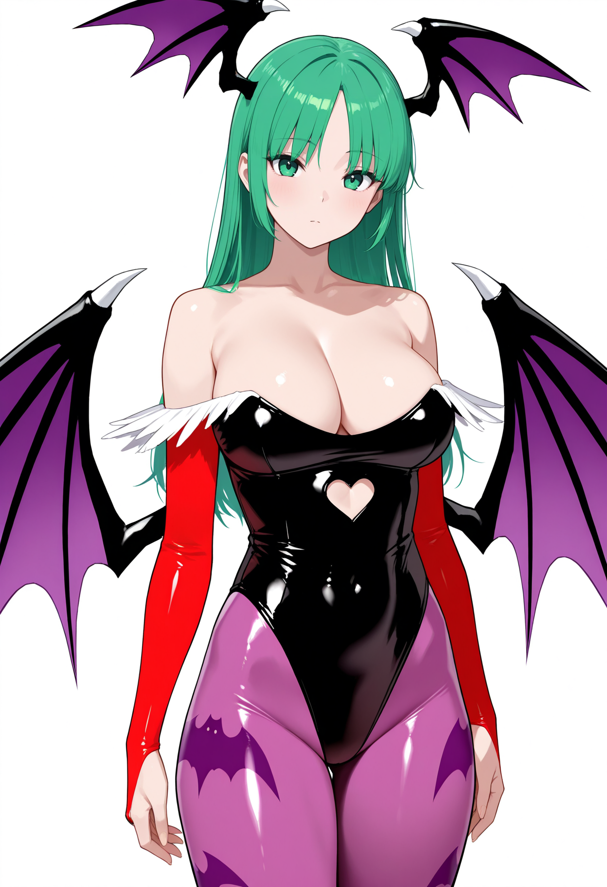 masterpiece, best quality,
1girl, solo, 
standing, 
looking at viewer, 
<lora:Morrigan_Aensland:1> M0rr1g4n, head wings, purple wings, bat wings, long hair, green hair, parted bangs, straight hair, green eyes, demon girl, large breasts, 
purple pantyhose, leotard, bat print, bare shoulders, bridal gauntlets, heart cutout, black leotard, cleavage, 
simple background, white background,