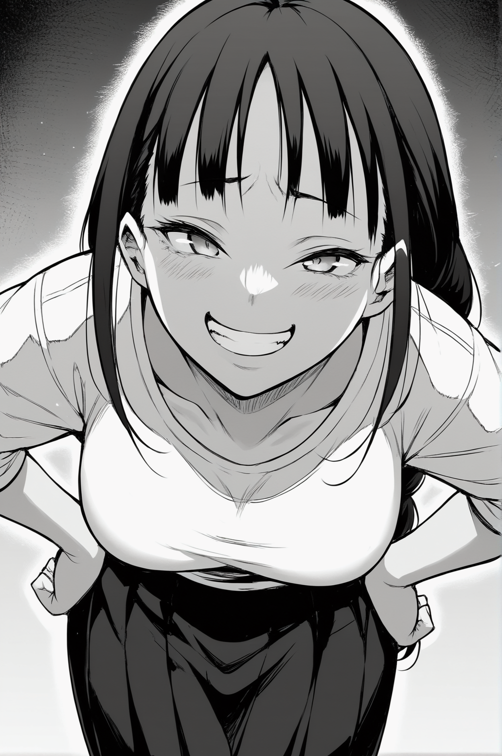 score_9, score_8_up, score_7_up, monochrome, manga_source, best background, detailed background, manga, grayscale   Hina, Main Outfit, grin, naughty face, horny, bent over, hands on hips, solo, dynamic camera, dynamic angle, <lora:JN_Hina:0.8>
