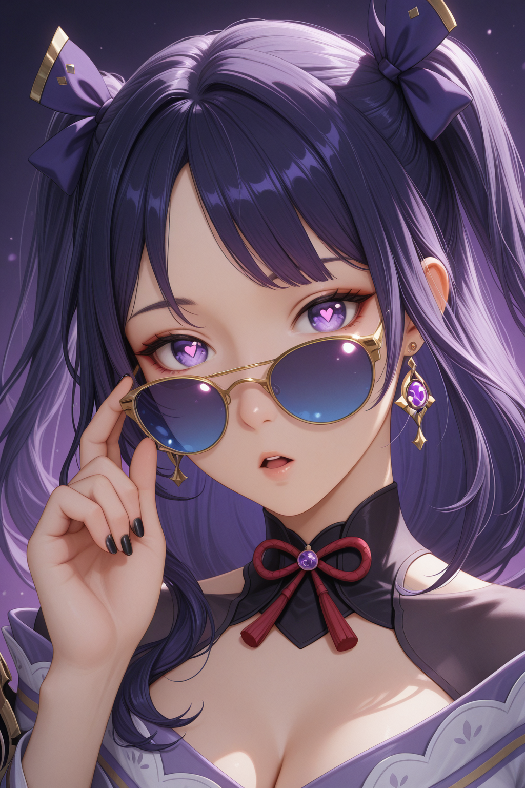embedding:lazypos, musou isshin (genshin impact), 1girl, :o, adjusting eyewear, artist name, black nails, purple hair, earrings, fingernails, hair ribbon, heart, heart-shaped pupils, jewelry, long hair, parted bangs, thin gold framed sunglasses, blue tinted lens, portrait, purple background, purple eyes, purple ribbon, ribbon, simple background, solo, symbol-shaped pupils, tinted eyewear, two side up, upper body