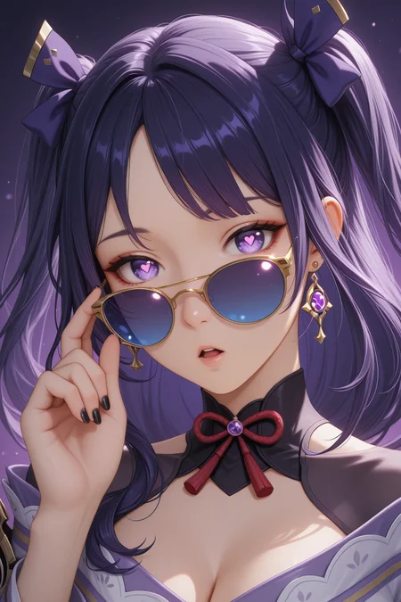 embedding:lazypos, musou isshin (genshin impact), 1girl, :o, adjusting eyewear, artist name, black nails, purple hair, earrings, fingernails, hair ribbon, heart, heart-shaped pupils, jewelry, long hair, parted bangs, thin gold framed sunglasses, blue tinted lens, portrait, purple background, purple eyes, purple ribbon, ribbon, simple background, solo, symbol-shaped pupils, tinted eyewear, two side up, upper body