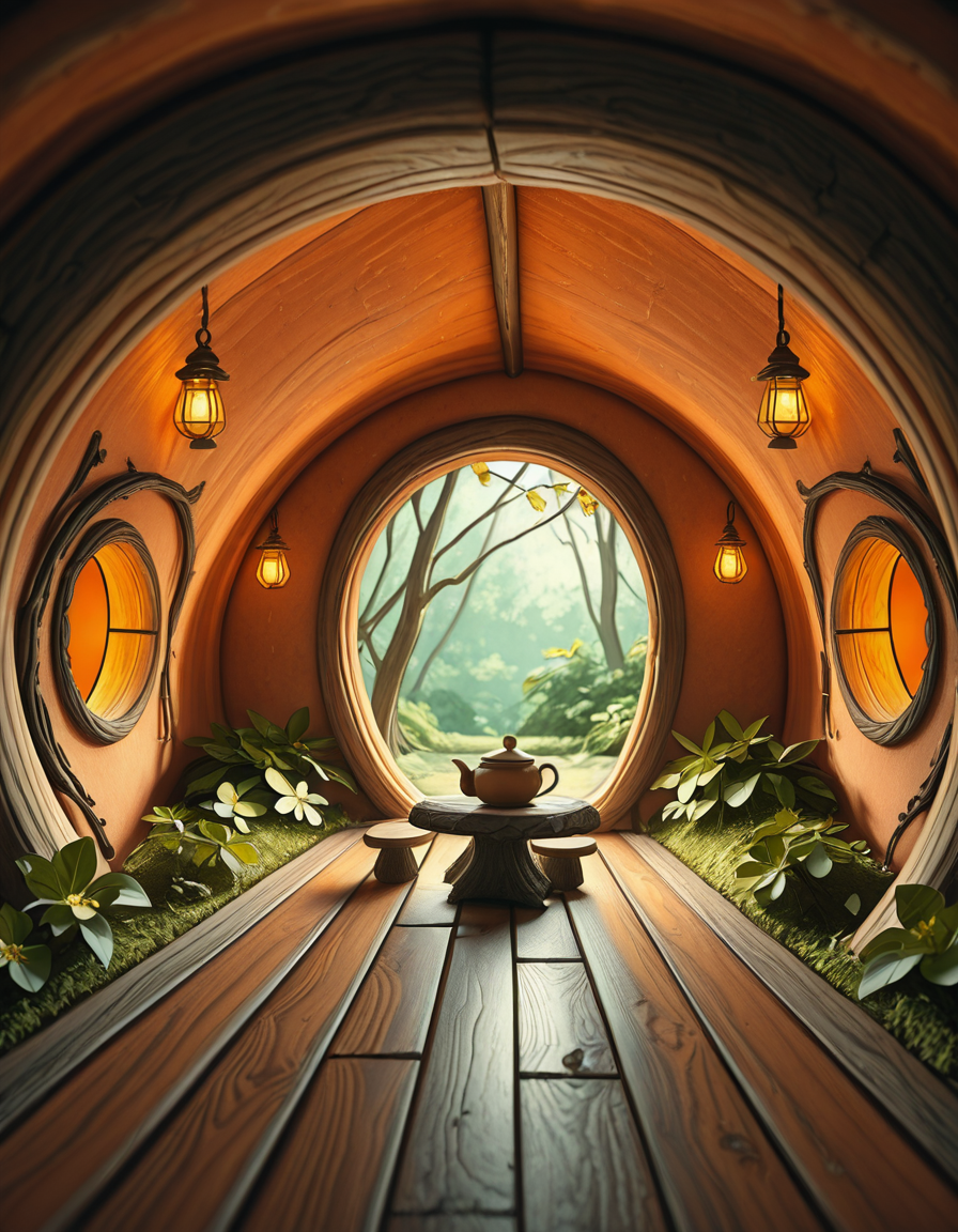 A highly detailed, realistic photograph of a tiny gnome house nestled at the base of an ancient oak tree, taken in soft morning light with a gentle mist hanging in the air. The house is crafted from natural materials: smooth stones form the lower walls, and curved wooden planks create a round, thatched roof with patches of moss and small wildflowers growing on top. Tiny circular windows with stained glass panels glow faintly from within, casting warm amber and green hues. A miniature wooden door with intricate carvings sits slightly ajar, surrounded by tiny lanterns that hang from delicate hooks, each softly glowing. Around the house, the forest floor is covered in dew-kissed clover, mushrooms of varying sizes and colors, and winding little cobblestone paths. In the background, tall ferns and oversized leaves tower, giving the scene an enchanted, hidden feel. Subtle rays of sunlight break through the canopy above, highlighting fine details with a dreamy, ethereal atmosphere. Hyper-realistic style, high-resolution, rich earthy tones, with an overall cozy and magical woodland vibe. No creatures or people, only nature and the charming architecture of the gnome's home.
<lora:SDXLFaeTastic2400:0.4> <lora:extremely_detailed:0.4> extremely detailed, <lora:tiny_gnome_h0us3-i:1>,tiny gnome h0us3, Masterpiece,best quality,hi res,8k,hi res,8k,award winning,(sharp focus, intricate, highly detailed),