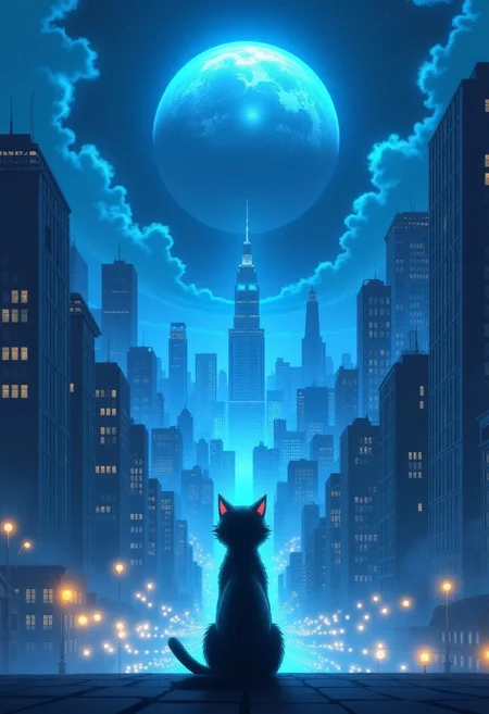 High quality, high resolution, high definition,
A magical city with faint neon lights on the skyscrapers, a planet emitting blue light, with the view from behind a cat looking down at the city, anime style