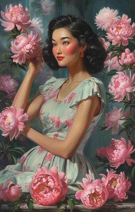 masterpiece,best quality,<lora:tbh210-sdxl:0.9>,illustration,style of Art Frahm, decaying peonies