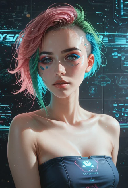 score_9,score_8_up,score_7_up,best quality,very aesthetic,absurdres,masterpiece,colourful,
1girl,solo,asymmetrical hair,short hair,blue hair,green hair,pink hair,multicolored hair,blue eyes,eyeliner,eyeshadow,makeup,bare shoulders,looking at viewer,(cyberpunk),hlpr,futuristic,hologram,glitch,holographic face,ui,interface,nodes,particles,(glowneon),(glowing), (western:0.6), (european:0.6)