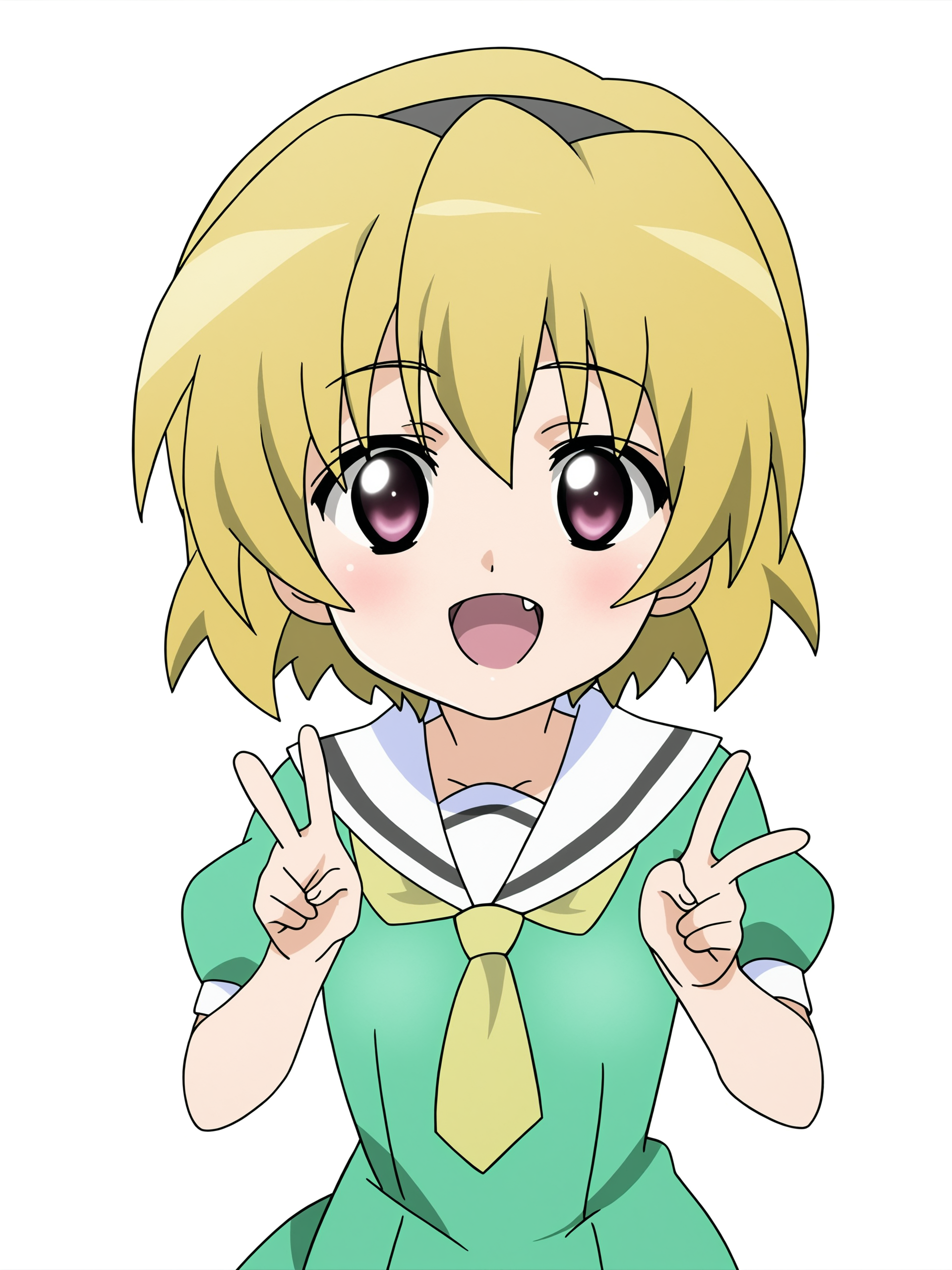 higurashikira, anime screencap, anime coloring, 1girl, houjou satoko, aged down, solo, (small breasts, breasts), blonde hair, short hair, hairband, ((simple background, white background)), pantyhose, sailor dress, green sailor dress, green dress, yellow necktie, school uniform, dress, smile, happy, open mouth, blush, fang, upper body, looking at viewer, double v, 
(masterpiece, best quality, absurdres, highres, newest:1.2), very awa, 