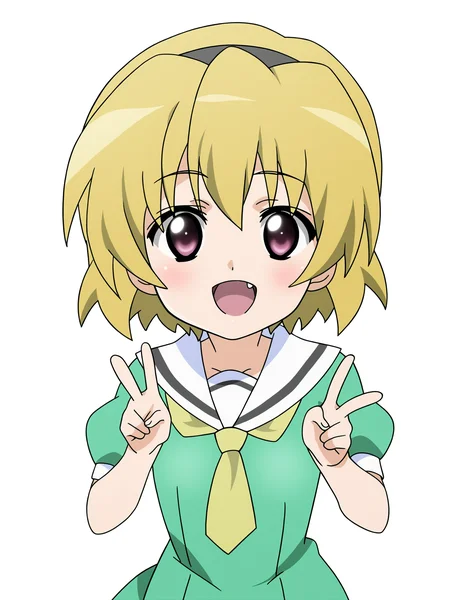 higurashikira, anime screencap, anime coloring, 1girl, houjou satoko, aged down, solo, (small breasts, breasts), blonde hair, short hair, hairband, ((simple background, white background)), pantyhose, sailor dress, green sailor dress, green dress, yellow necktie, school uniform, dress, smile, happy, open mouth, blush, fang, upper body, looking at viewer, double v, 
(masterpiece, best quality, absurdres, highres, newest:1.2), very awa, 