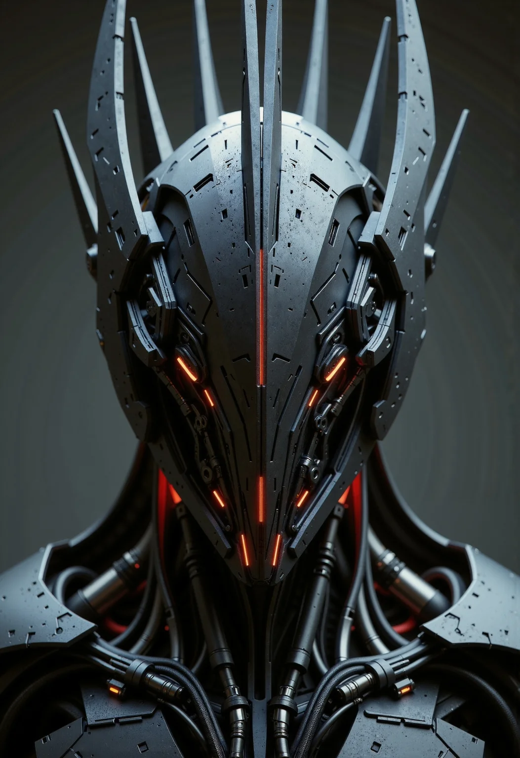 in the style of ckfa, Photorealistic portrait detailing a faceless android forged in the menacing image of Sauron from Lord of the Rings. Imposing three-quarter view, head held high with intimidating stillness. The faceless android features a helmet design directly replicating Sauron's iconic spiked crown: tall, multi-pointed, with sharp, cruel angles crafted from segmented plates of blackened, battle-scarred steel and dark iron. Subtle, intricate dark engravings, reminiscent of Mordor's iconography, trace the surfaces. A faint, menacing crimson-orange energy glows from deep within the helmet's visorless void, replacing any face. Extremely intricate mechanical neck and upper torso are visible, showcasing layered, jagged plating of scorched gunmetal and obsidian-like composites, mimicking Sauron's intimidating armor. Exposed heavy-duty actuators, thick bundled cabling suggesting immense power conduits, and complex joints fashioned from dark, pitted metals are visible, hinting at immense strength and dark forging processes. Set against a solid, extremely dark charcoal grey, softly blurred backdrop. Harsh, dramatic cinematic lighting casts deep shadows, accentuating the sharp, menacing geometry and the textures of scorched metal. A malevolent red-orange underlight subtly illuminates the lower structures. Extreme detail, hyperrealistic textures, menacing presence, (shallow depth of field:0.9).
