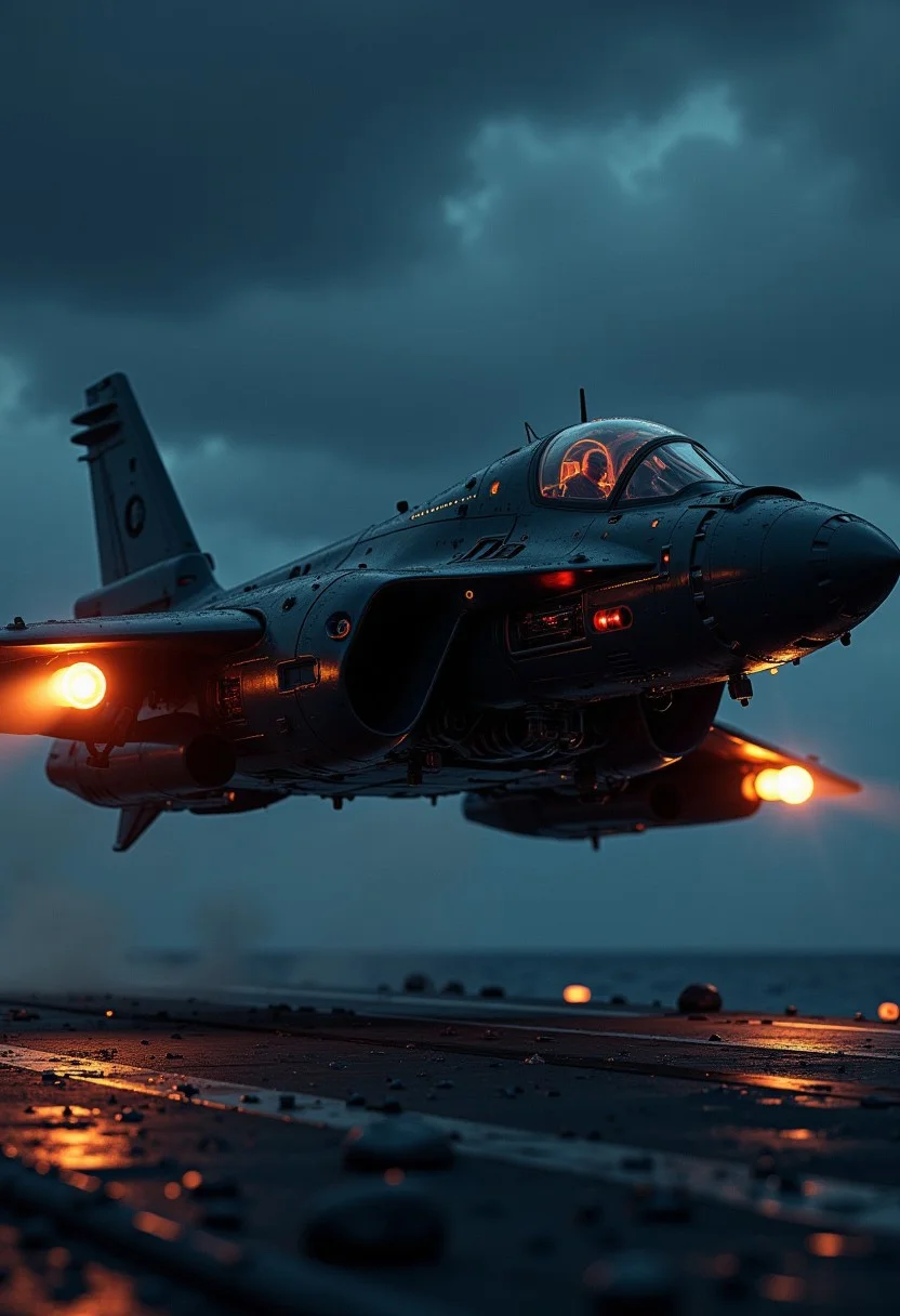 silhouette art, chiascuro, a_skynet_cyberdyne_systems_craft, the image is featuring a futuristic, highly advanced fighter plane taking off from an aircraft carrier at night.  The plane is made of a dark gunmetal alloy with rivets, bolts, glowing LEDs and diodes, and has large guns mounted on the exterior; the cockpit shows glowing led lights, and has a large air intake, two-man crew visible through the cockpit window.