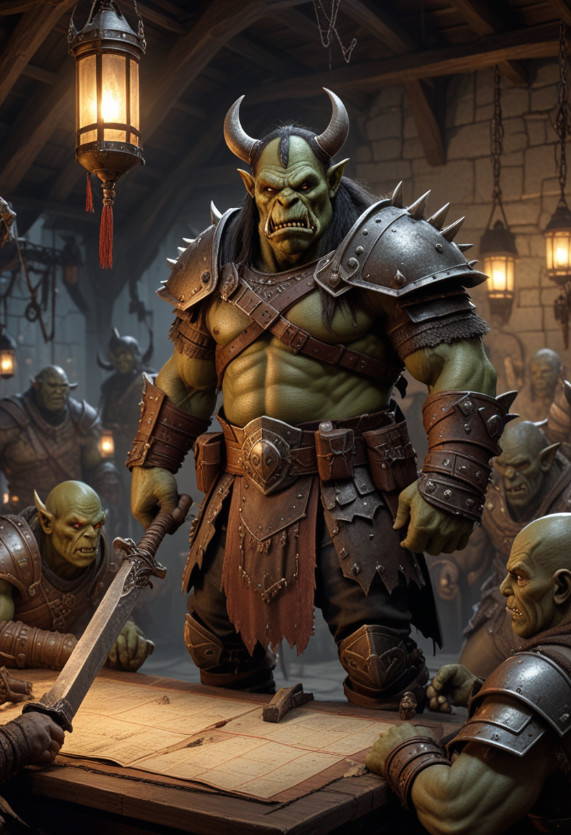 (medium full shot) of (menacing orc) young,   warlord, wearing Horned helmet, scale armor vest, reinforced bracers, iron belt, plate leggings, battle-worn boots, holding wielding war hammer, set in the orcish lands, in  War room with a large table, maps and strategy pieces, orc leaders in discussion, dimly lit by hanging lanterns, walls adorned with trophies , at night, Masterpiece,best quality, photo, realistic, very aesthetic, detailed face,